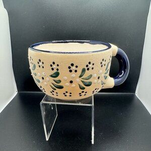 Handcrafted Mexican Floral Ceramic mug Blue Cream glazed inside no glaze outside